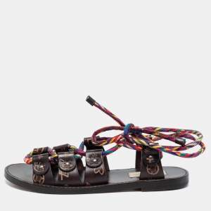 Valentino Brown Leather And Multicolor Cord Flat Gladiator Sandals Size 35