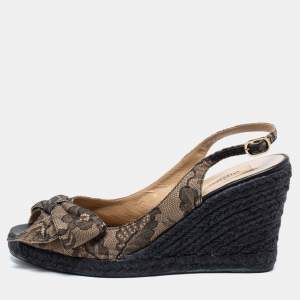 Pre Owned Valentino Black Lace Bow Espadrille Wedge Slingback Sandals Size 40