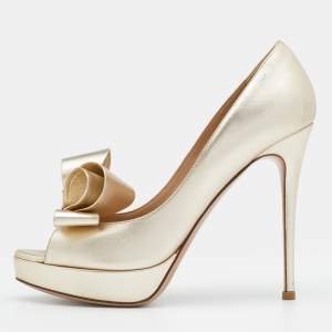 Pre Owned Valentino Metallic Gold Leather Bow Peep Toe Platform Pumps Size 36.5