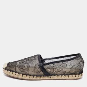 Pre Owned Valentino Black Lace And Leather Espadrille Flats Size 38