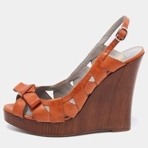 Pre Owned Valentino Brown Leather Peep Toe Wedge Sandals Size 39.5
