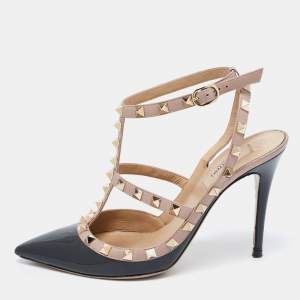 Pre Owned Valentino Dark Grey/Beige Patent Leather Rockstud Ankle Strap Pumps Size 38