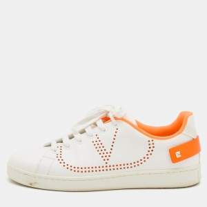 Pre Owned Valentino White/Neon Orange Leather Backnet VLOGO Sneakers Size 38