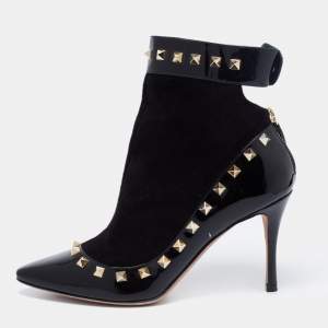 Valentino Black Patent Leather and Suede Rockstud Ankle Boots Size 37