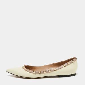 Pre Owned Valentino Cream Patent Leather Rockstud Ballet Flats Size 39