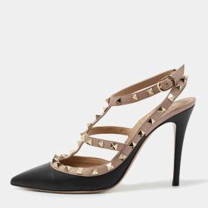 Pre Owned Valentino Black/Beige Leather Rockstud Caged Ankle Strap Pumps Size 39.5