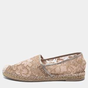 Pre Owned Valentino Beige Lace and Leather Espadrille Flats Size Size 39