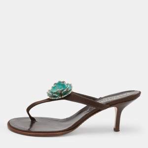 Pre Owned Valentino Dark Brown Satin Embellished Thong Sandals Size 38.5