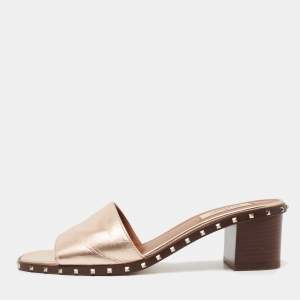 Valentino Metallic Bronze Leather Rockstud  Slide Sandals Size 38.5
