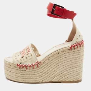 Pre Owned Valentino White/Red Canvas and Leather Eyelet Wedge Espadrille Sandals Size 36