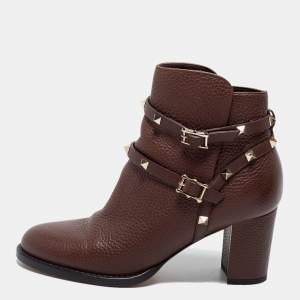 Valentino Brown Leather Rockstud Ankle Boots Size 38