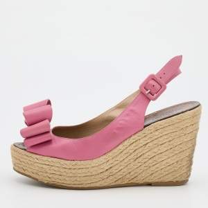 Pre Owned Valentino Pink Leather Studded Bow Espadrille Platform Wedge Slingback Sandals Size 40