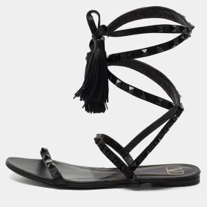 Valentino Black Leather Rockstud Ankle Wrap Sandals Size 36