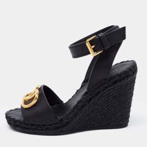 Pre Owned Valentino Black Leather V-Logo Wedge Espadrille Sandals Size 36