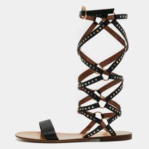Valentino Black Leather Gladiator Flat Sandals Size 40
