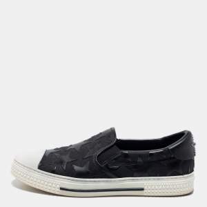Pre Owned Valentino Black/White Canvas and Leather Star Embellished Slip On Sneakers Size 45