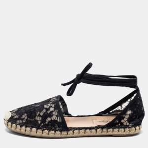 Pre Owned Valentino Black Lace Ankle Tie Espadrille Flats Size 37