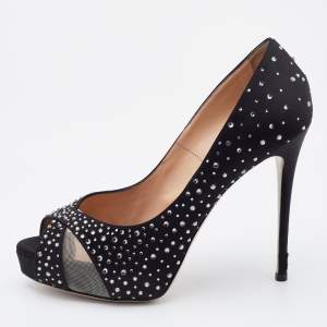 Valentino Black Satin and Mesh Crystal Embellished Platform Pumps Size 37.5