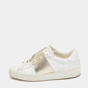 Pre Owned Valentino White/Gold Leather Rockstud Low Top Sneakers Size 36.5