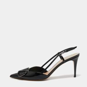Pre Owned Valentino Black Patent Leather VLogo Slingback Pumps Size 39.5
