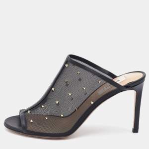 Pre Owned Valentino Black Mesh and Leather Rockstud Open Toe Mules Size 37.5