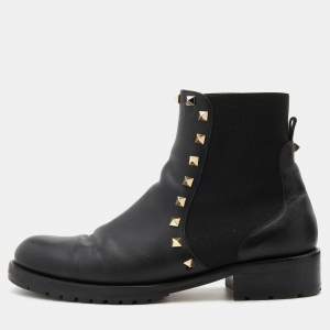 Valentino Black Leather and Stretch Fabric Rockstud Chelsea Ankle Boots Size 38