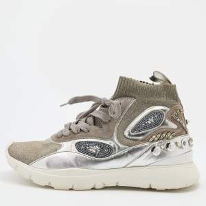 Pre Owned Valentino Silver/Grey Metallic Knit Fabric and Leather High Top Sneakers Size 39