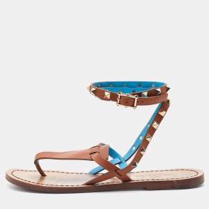Pre Owned Valentino Brown Leather Rockstud Thong Ankle Strap Flats Size 38