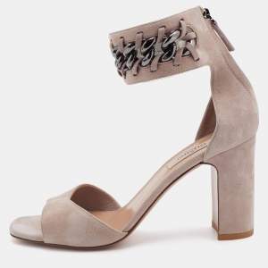 Pre Owned Valentino Beige Suede Chain Link Ankle Strap Sandals Size 38