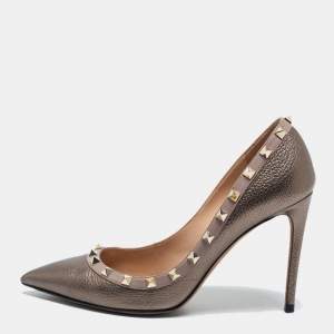 Pre Owned Valentino Metallic Grey Leather Rockstud Pumps Size 40