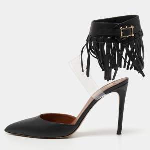 Valentino Black Leather and PVC C-Rockee Fringe Ankle Wrap Pumps Size 39.5