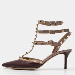 Valentino Beige/Burgundy Leather Rockstud Pointed Toe Pumps Size 37 