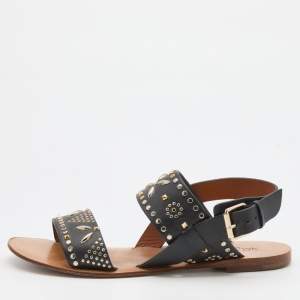 Pre Owned Valentino Black Embellished Leather Ankle Strap Flats Size 36