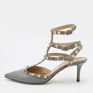 Pre Owned Valentino Grey Leather Rockstud Caged Pointed Toe Pumps Size 37.5