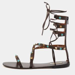 Pre Owned Valentino Brown Leather Rockstud Ankle Wrap Flats Size 37.5