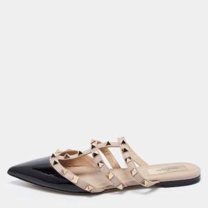 Pre Owned Valentino Black/Pink Patent snd Leather Rockstud Flats Size 36