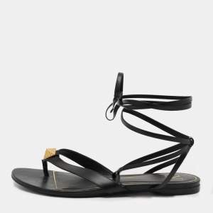 Pre Owned Valentino Black Leather Roman Stud Ankle Wrap Sandals Size 39
