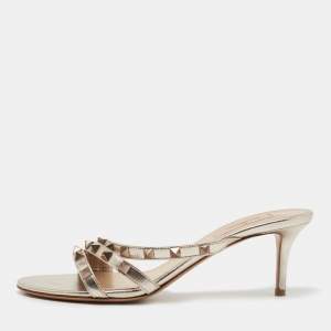 Valentino Metallic Leather Rockstud Slide Sandals Size 38.5