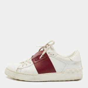 Pre Owned Valentino White/Burgundy Leather Logo Low Top Sneakers Size 38.5