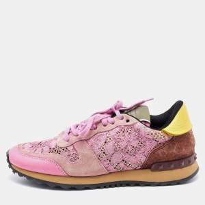 Pre Owned Valentino Multicolor Leather, Suede and Lace Rockrunner Low Top Sneakers Size 39