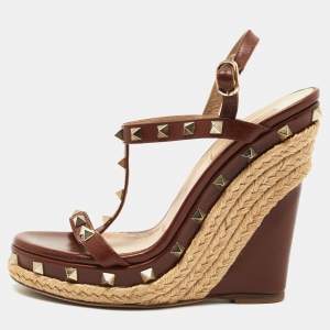 Valentino Brown Leather Rockstud Espadrille Wedge Sandals Size 37