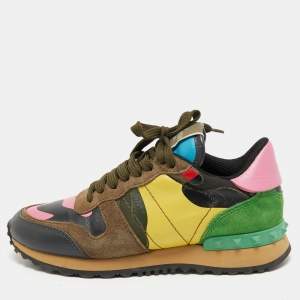 Pre Owned Valentino Multicolor Suede, Camo Print Leather and Canvas Rockrunner Sneakers Size 35.5