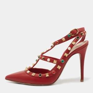 Pre Owned Valentino Red Leather Rolling Rockstud Ankle Strap Pumps Size 36