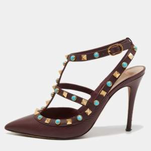 Pre Owned Valentino Burgundy Leather Rolling Rockstud Ankle Strap Pumps Size 36.5 