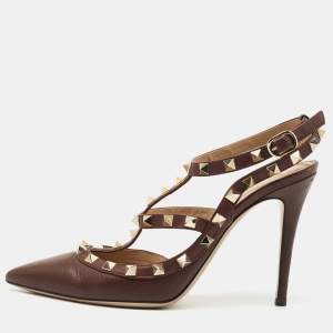 Valentino Brown Leather Rockstud Ankle Strap Pumps Size 38