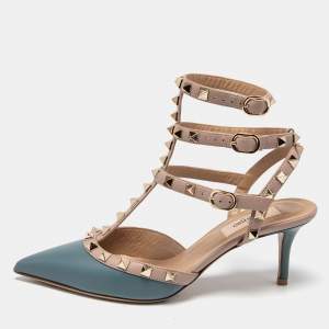 Pre Owned Valentino Navy Blue/Beige Leather Rockstud Pumps Size 37 