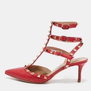 Pre Owned Valentino Red Leather Rockstud Ankle Strap Pumps Size 37