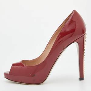 Pre Owned Valentino Red Patent Leather Rockstud Heel Peep Toe Pumps Size 38.5