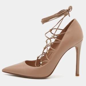 Pre Owned Valentino Beige Leather Rockstud Tie Up Pointed Toe Pumps Size 38