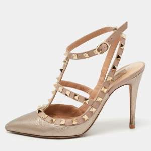 Valentino Metallic Pink Leather Rockstud Ankle Strap Pumps Size 37.5